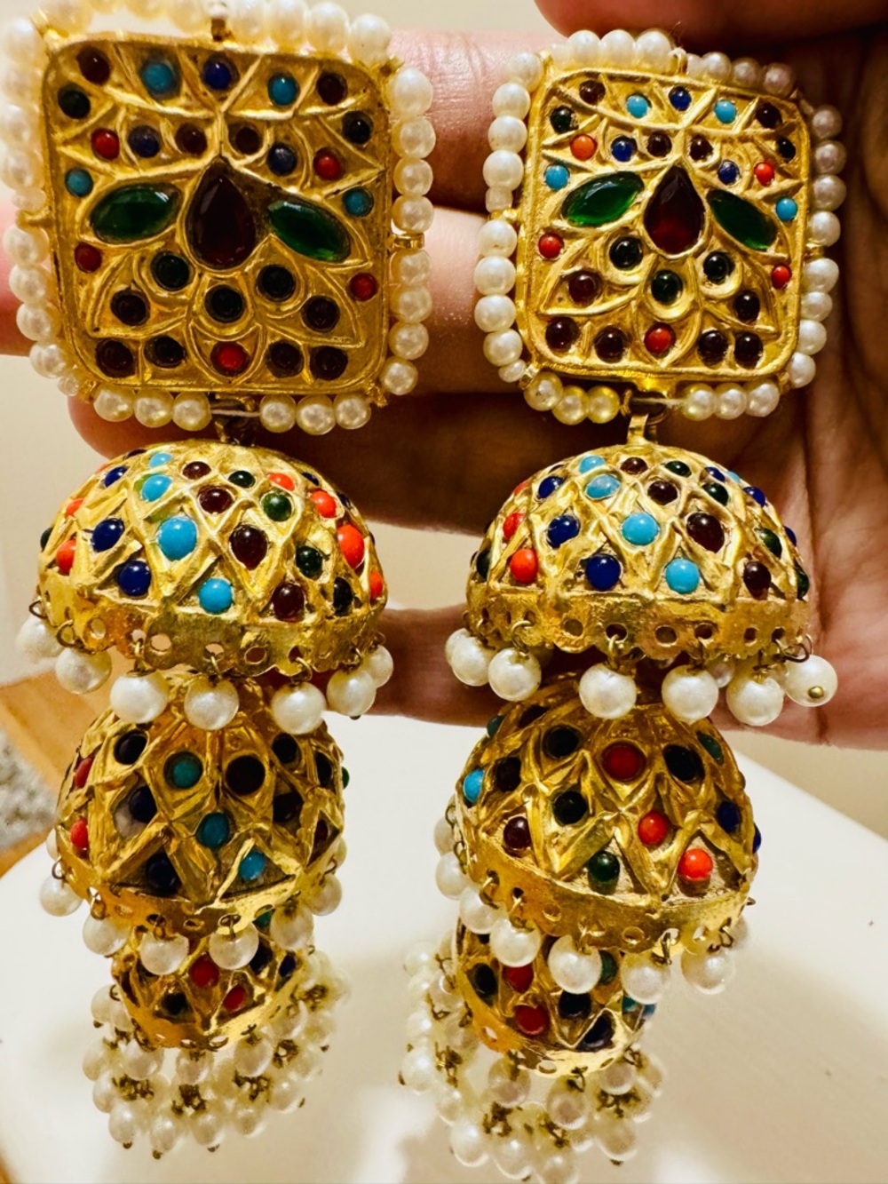 Multicolor Pearl Kundan Jhumka Earrings - Brand